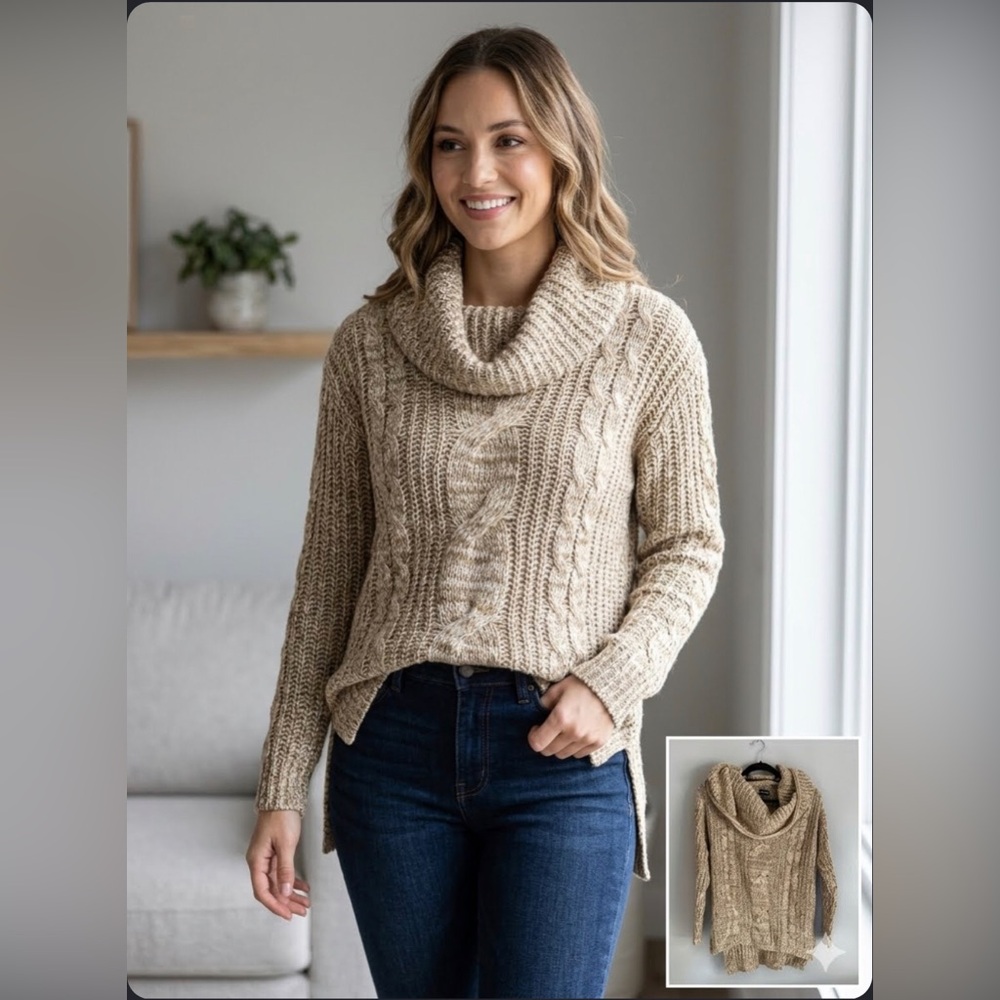 Love & liberty | 2 tone knit sweater mock neck split high low hem